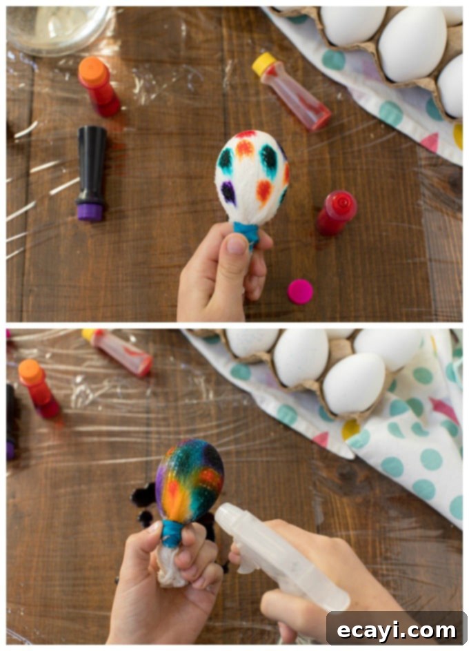 Adding food coloring to cheesecloth-wrapped eggs for a tie-dye effect. Applying drops of vibrant food coloring onto an egg wrapped in cheesecloth
