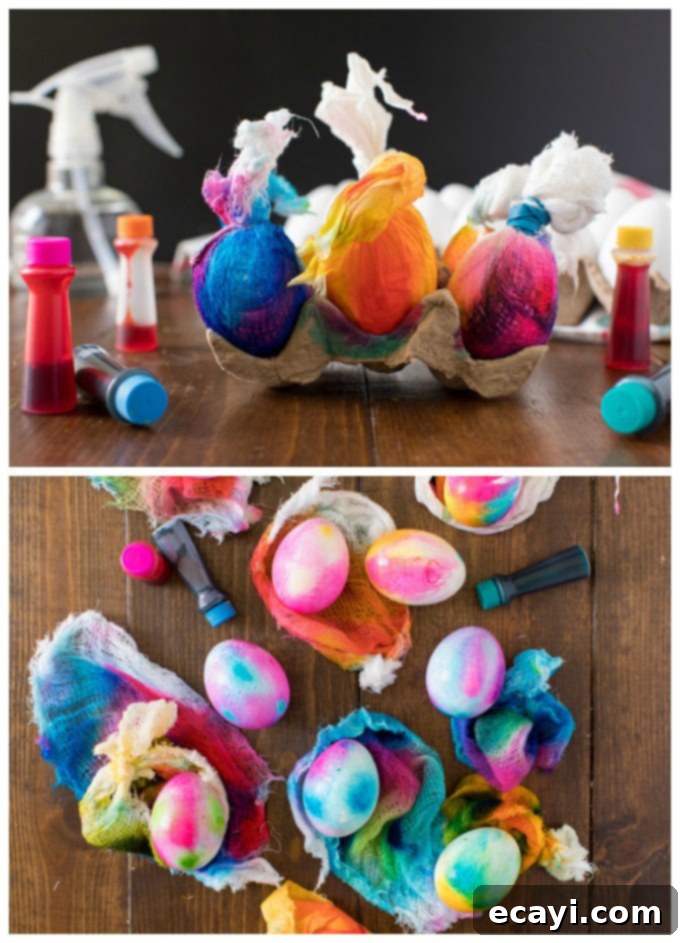 Cheesecloth-wrapped Easter eggs after food coloring application and spraying. Multiple eggs wrapped in food coloring-stained cheesecloth, drying in an egg carton