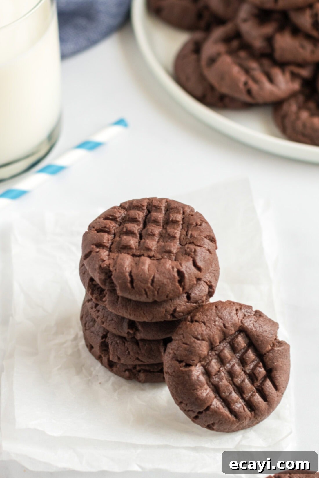 The Ultimate Chocolate Peanut Butter Cookies 11 A tall stack of rich, fudgy Chocolate Peanut Butter Cookies, perfect for sharing (or not!).