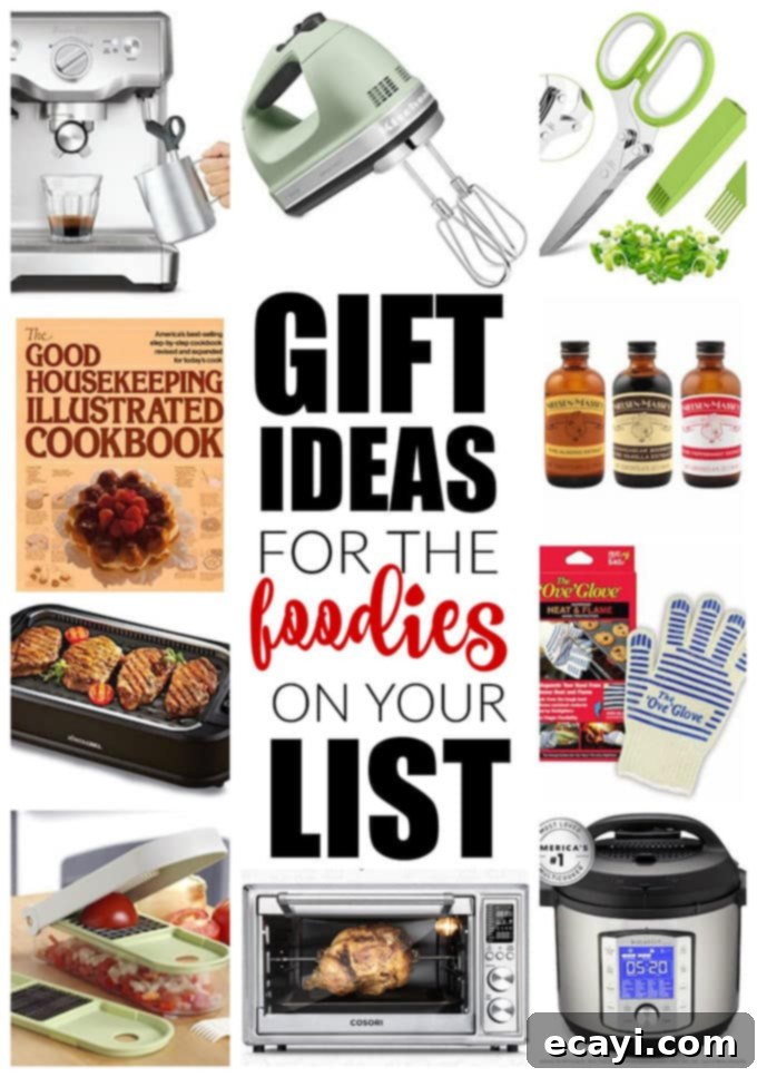 Our foodie gift guide will steer you in the direction of ultimate foodie gift-giving success! From handy gadgets to kitchen staples, we've got it all. collage of gift guide ideas showcasing various kitchen gadgets and ingredients
