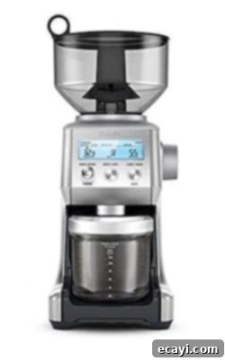 Delicious Gifts for Food Lovers 19 Breville coffee grinder product image, showing its sleek design and hopper