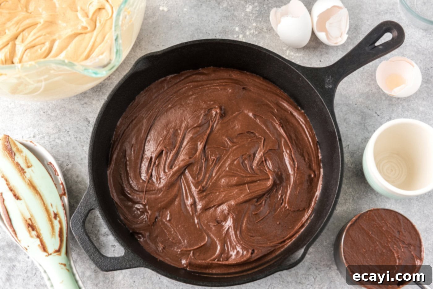 Deep Dish Peanut Butter Brownie 11 brownie batter added to a cast iron skillet