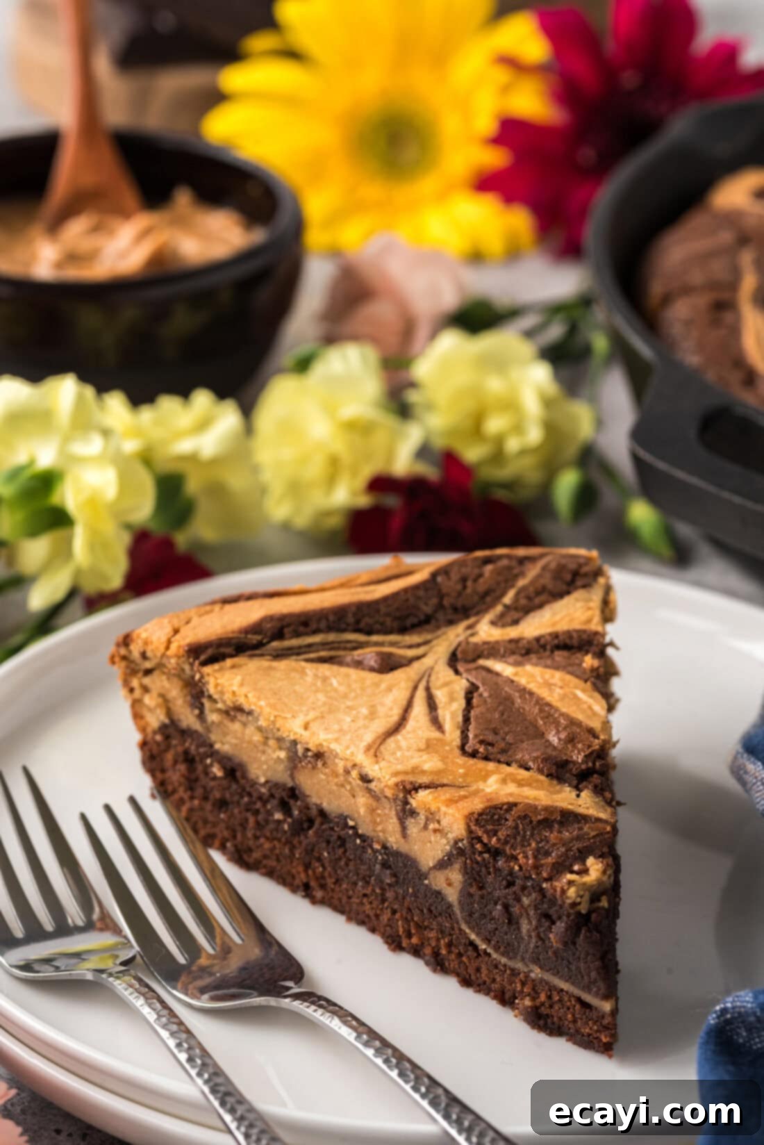Deep Dish Peanut Butter Brownie 3 Slice of Peanut Butter Marbled Brownie Skillet Pie on a plate