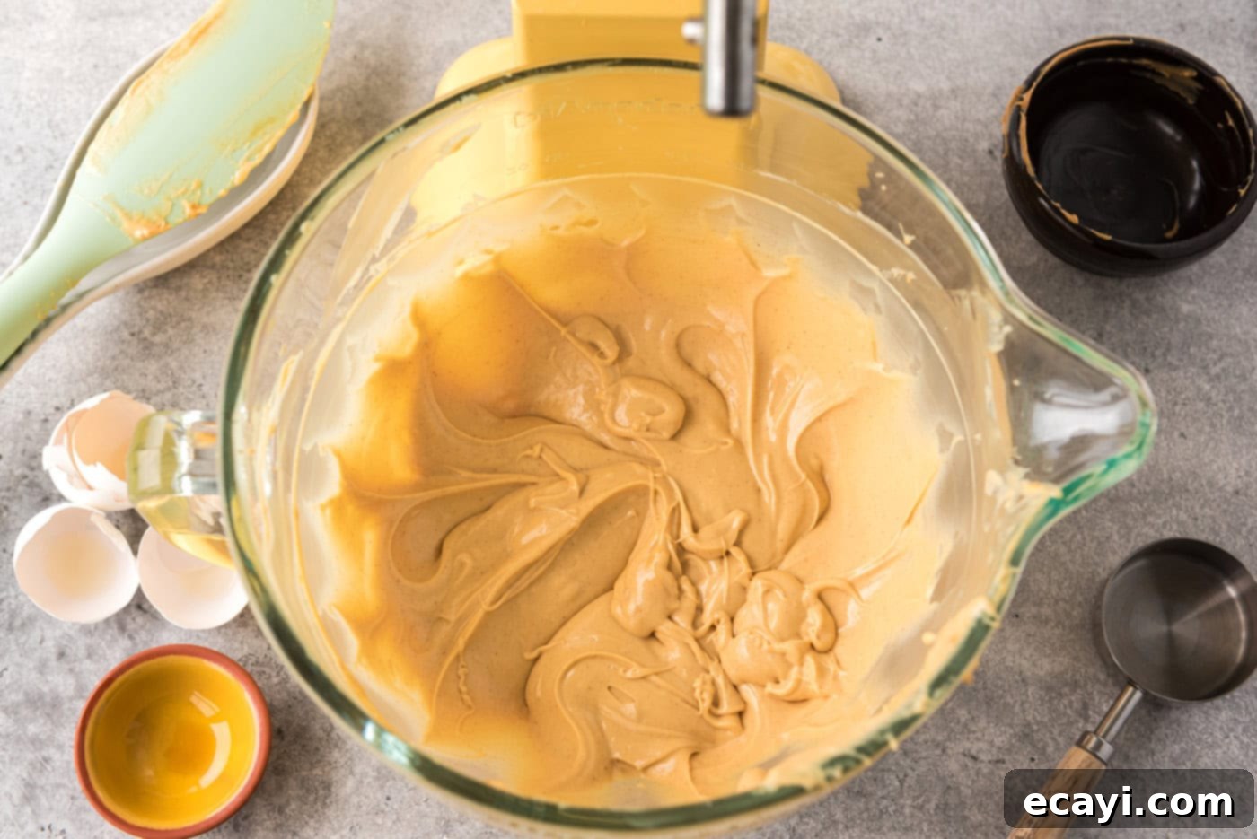 Deep Dish Peanut Butter Brownie 6 overhead shot of peanut butter cream cheese mixture in a bowl