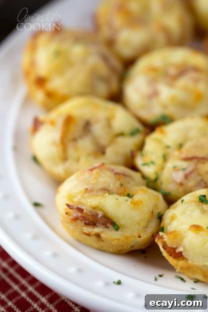 Cheesy Pepperoni Pizza Bites 2 A close-up of golden-brown pepperoni pizza puffs arranged on a white plate, ready to be served as an appetizer or snack.