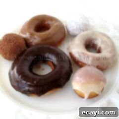 Homemade Doughnut Bliss 2 A photo of a plate of an assortment of homemade doughnuts.