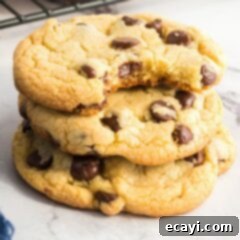 Ultra-Soft Pudding Chocolate Chip Cookies 6 stack of delectable chocolate chip pudding cookies, ready to be enjoyed