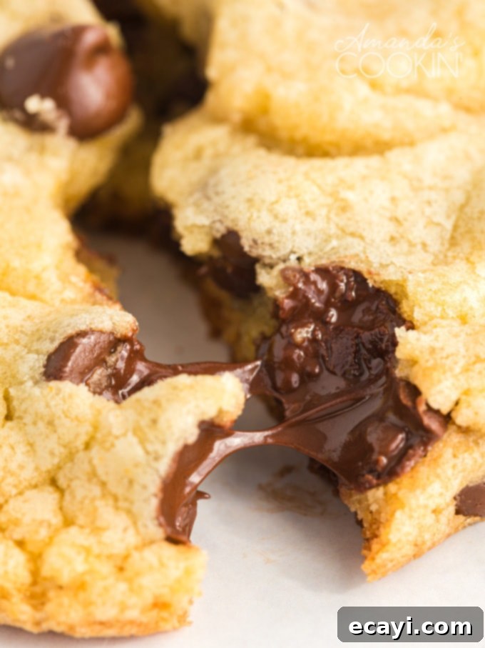 A close-up of a warm, melty Chocolate Chip Pudding Cookie highlighting its soft and irresistible texture. close-up of a warm Chocolate Chip Pudding Cookie, showing melted chocolate chips and soft texture