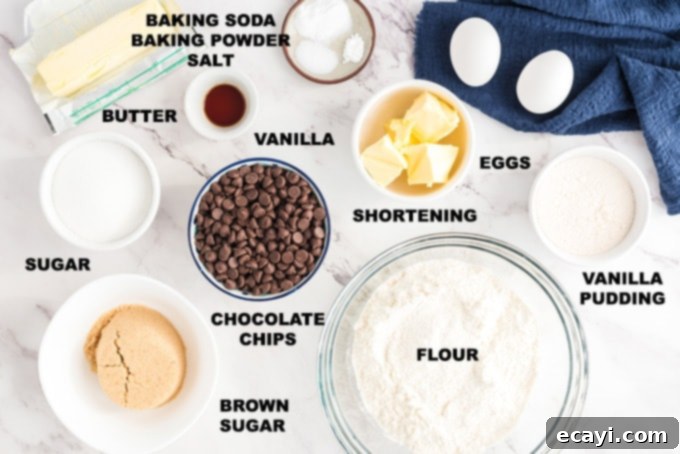 Ultra-Soft Pudding Chocolate Chip Cookies 2 LABELED INGREDIENTS for Chocolate Chip Pudding Cookies, including butter, shortening, sugars, flour, pudding mix, and chocolate chips