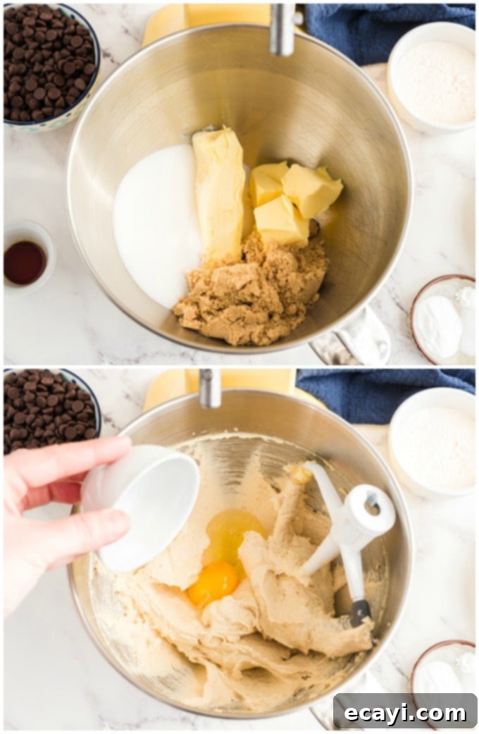 Ultra-Soft Pudding Chocolate Chip Cookies 3 Mixing cookie dough in a stand mixer, showcasing the creamy butter and sugar mixture