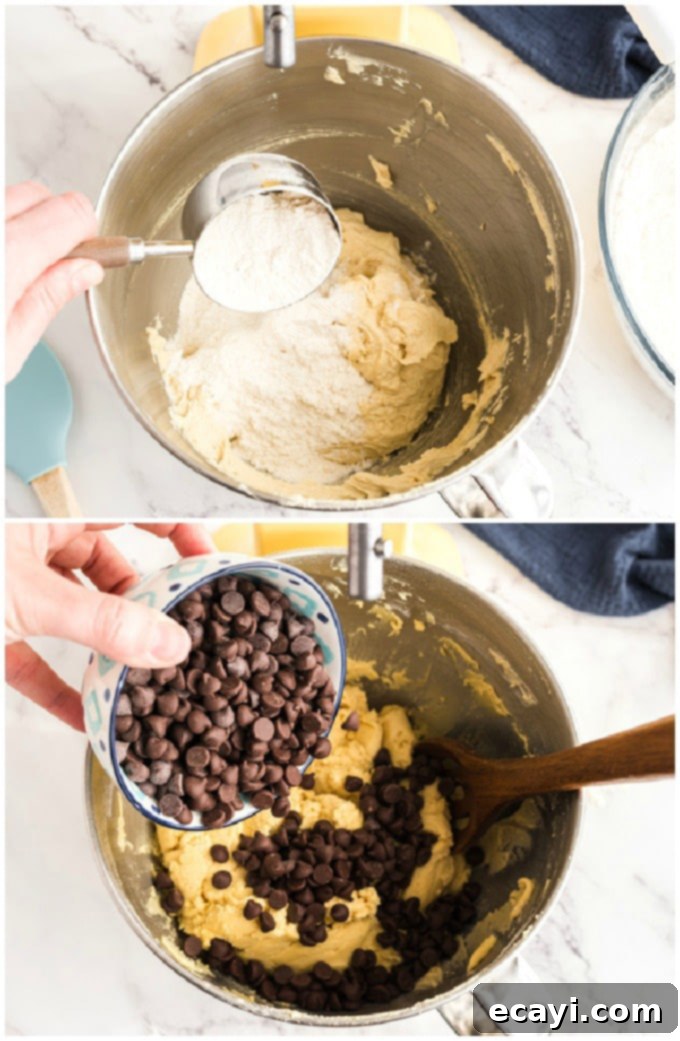Ultra-Soft Pudding Chocolate Chip Cookies 4 Adding chocolate chips to the prepared cookie dough in a large mixing bowl