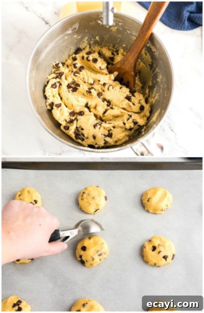 Ultra-Soft Pudding Chocolate Chip Cookies 5 Placing scoops of Chocolate Chip Pudding Cookie dough evenly spaced on parchment-lined baking sheets