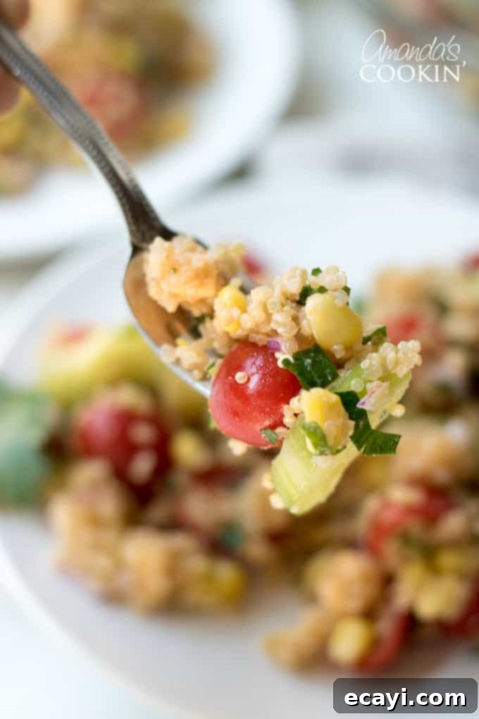 Garden Fresh Summer Quinoa Delight 11 A close-up shot of a spoonful of Summer Vegetable Quinoa Salad, showing the individual ingredients clearly.