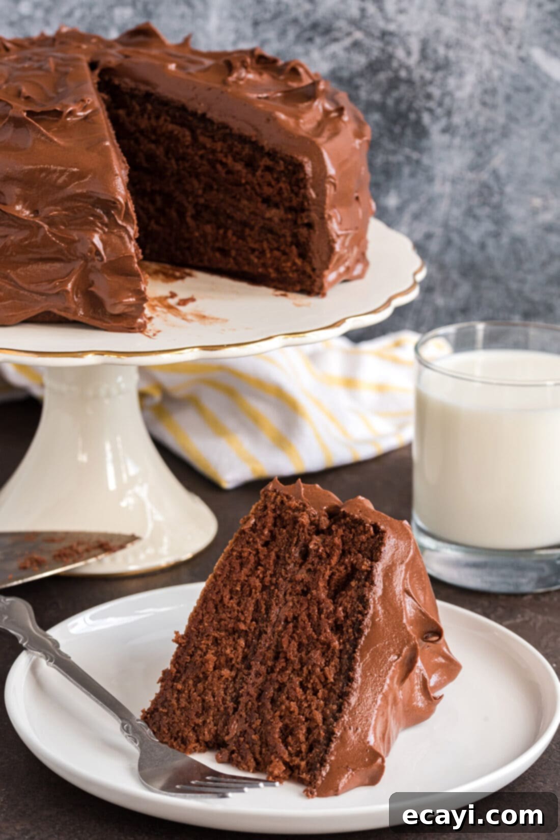 Decadent Chocolate Fudge Delight 2 Slice of Nigella's Chocolate Fudge Cake on a plate with a fork with the rest of the cake in the background
