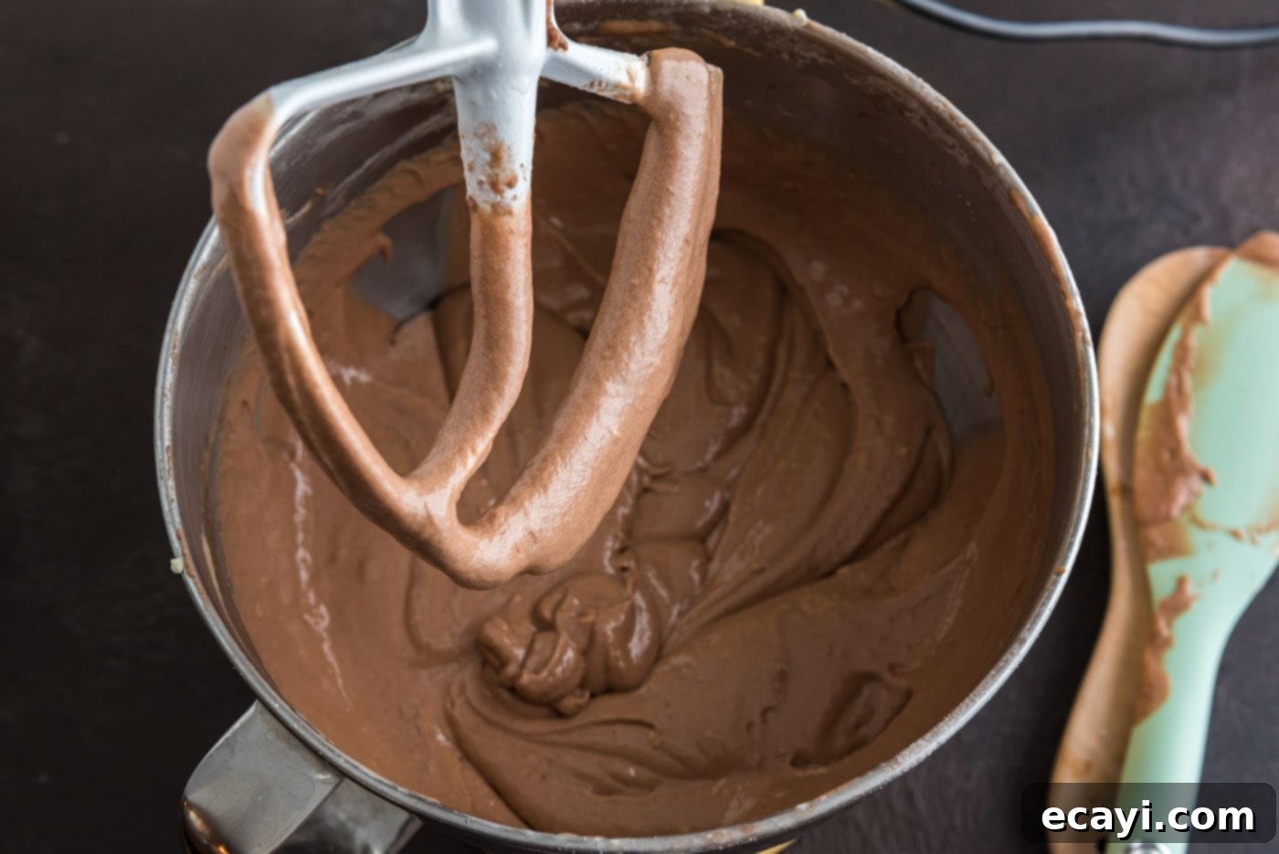 Decadent Chocolate Fudge Delight 15 chocolate fudge cake batter in a stand mixer bowl