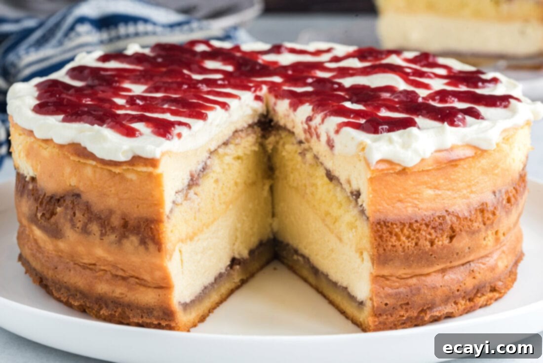 Regal Trifle Cheesecake 15 A beautifully sliced English Trifle Cheesecake on a serving plate, with a portion removed, showcasing its exquisite layers and inviting texture.