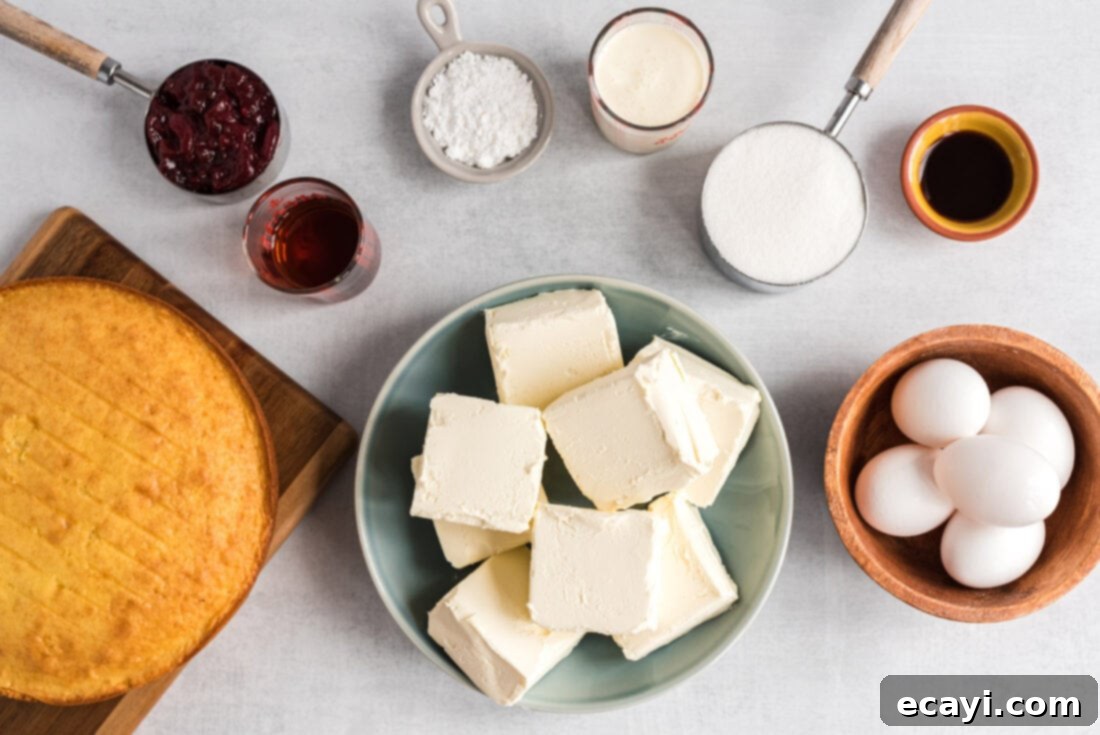 Regal Trifle Cheesecake 4 A flat lay photograph showcasing all the ingredients required for making the English Trifle Cheesecake, neatly arranged on a counter.