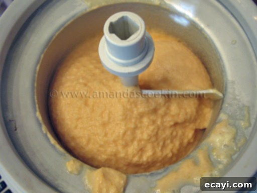 Creamy Orange Bliss 9 A photo of an ice cream maker churning the orange ice cream mixture, showing the creamy consistency forming inside the machine.