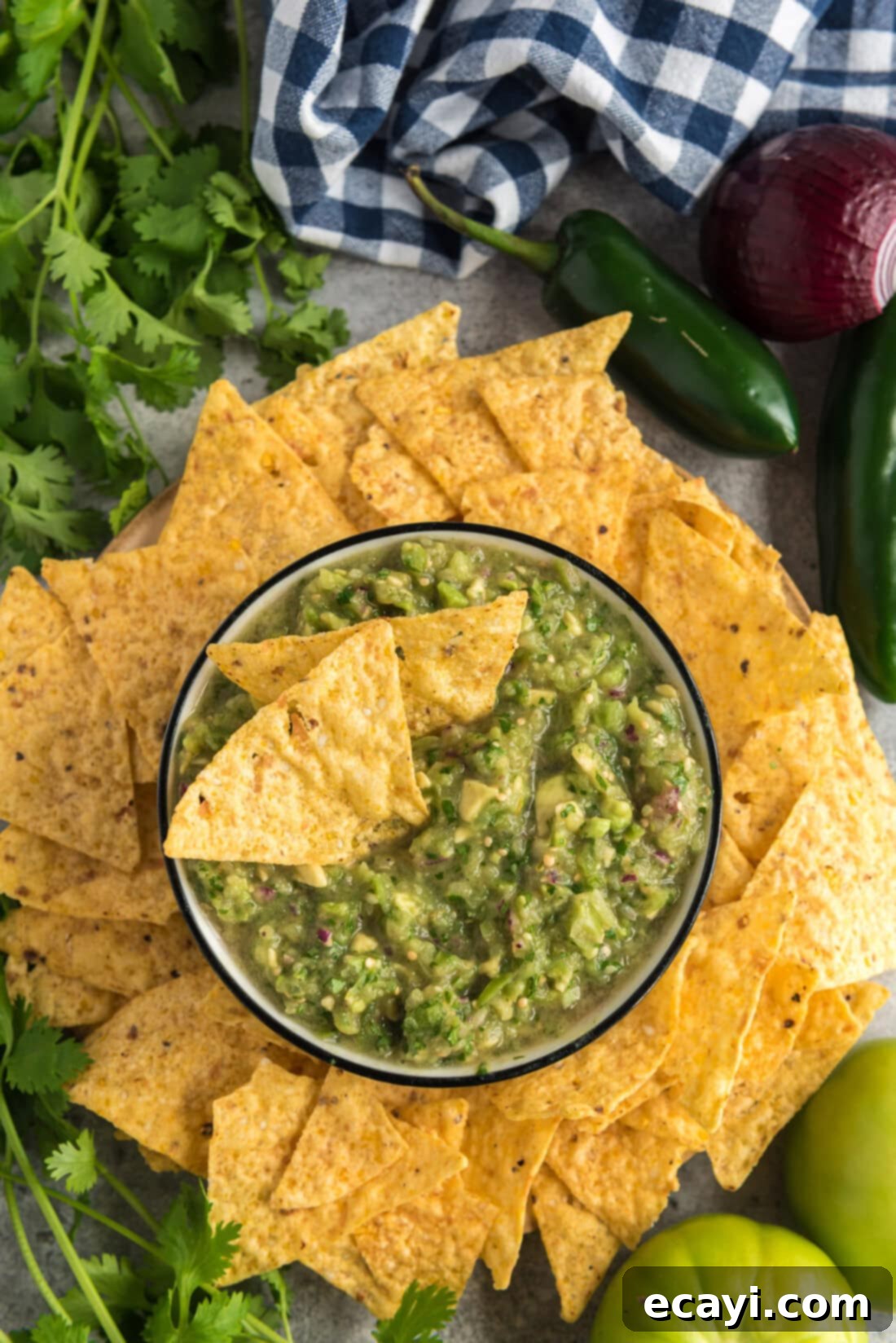 Vibrant Tomatillo Avocado Onion Salsa 2 Overhead photo of a bowl of Tomatillo Onion Avocado Salsa with two chips in it, showcasing its vibrant green color and creamy texture.