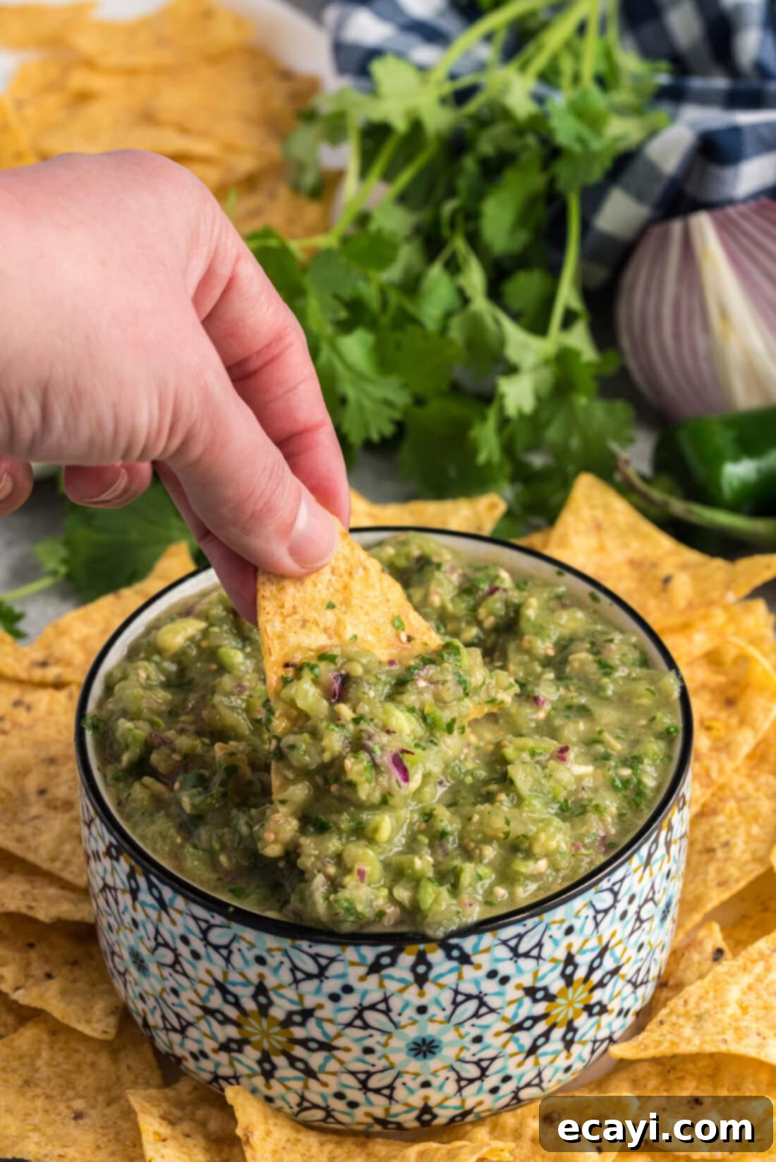 Vibrant Tomatillo Avocado Onion Salsa 3 Hand scooping up some Tomatillo Onion Avocado Salsa with a tortilla chip, showing the creamy texture.