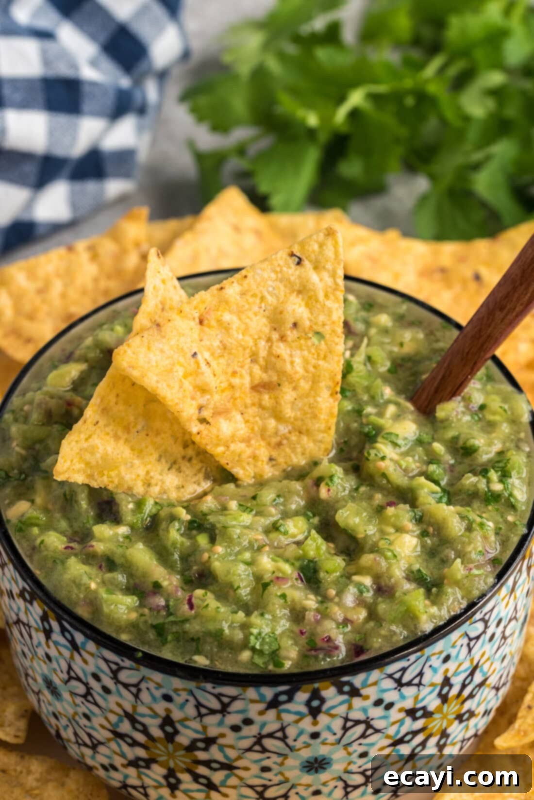 Vibrant Tomatillo Avocado Onion Salsa 9 Close up photo of a bowl of Tomatillo Onion Avocado Salsa with tortilla chips sticking out, ready to be enjoyed.