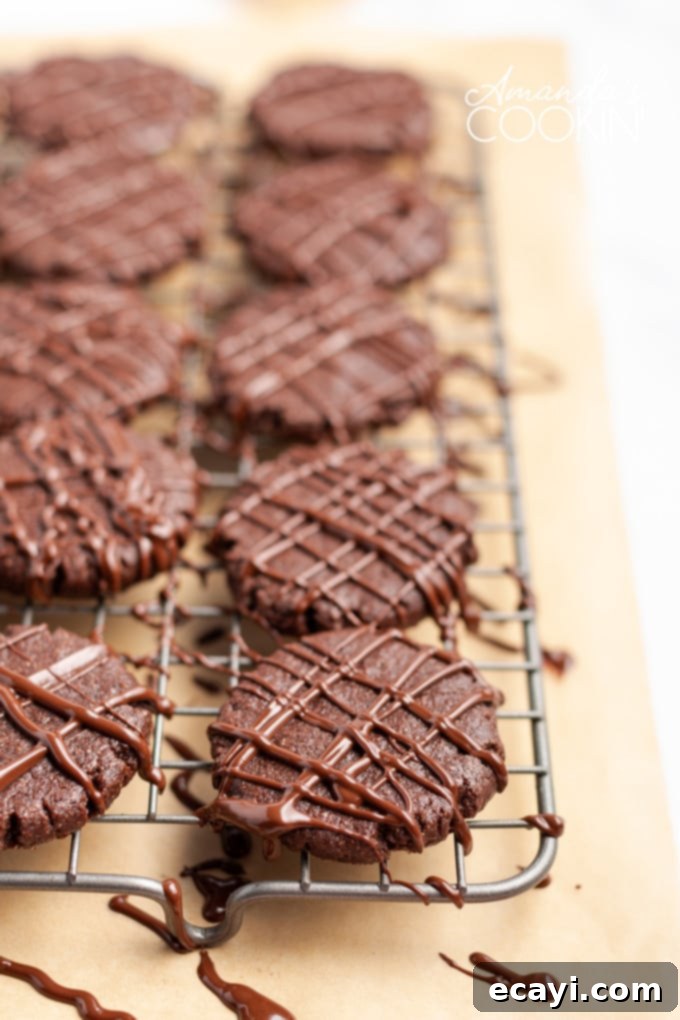 Chocolate mint cookies with pretty chocolate drizzles are easy to make and are great for Christmas cookie exchanges! Soft, chewy, and minty! wire rack of chocolate mint cookies drizzled with melted chocolate