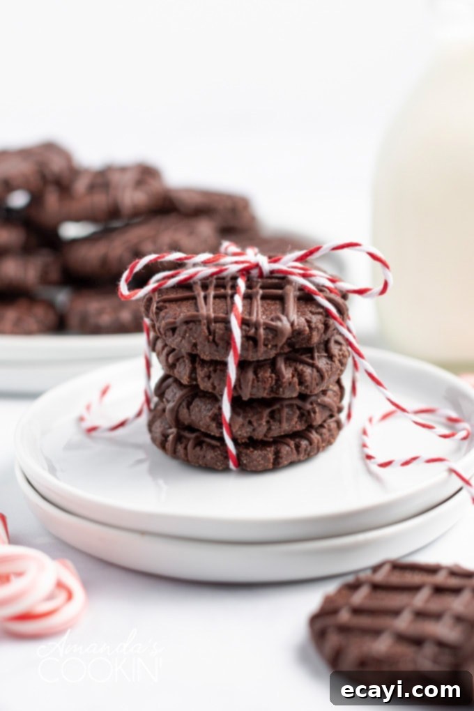 Chocolate mint cookies with pretty chocolate drizzles are easy to make and are great for Christmas cookie exchanges! Soft, chewy, and minty! chocolate mint cookies wrapped with bakers twine