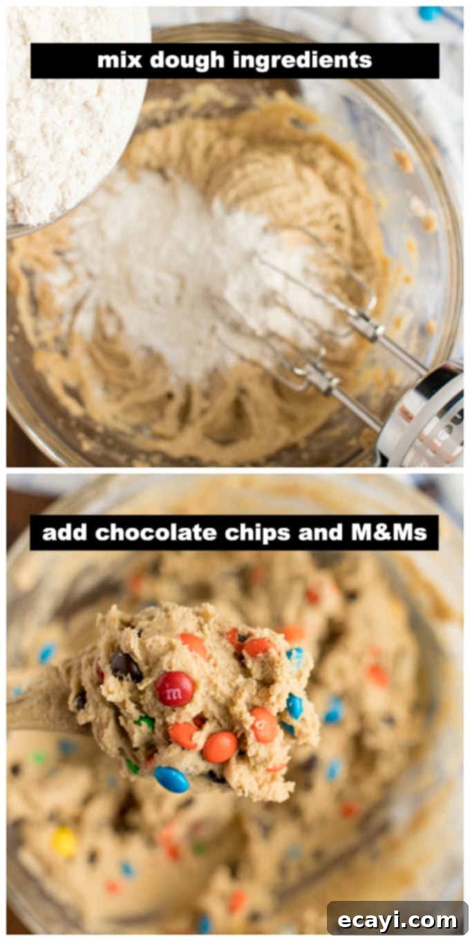 Mixing the cookie dough to perfection for soft and chewy M&M cookies. A close-up shot of cookie dough being mixed in a stand mixer, showing the creamy texture and even incorporation of ingredients.