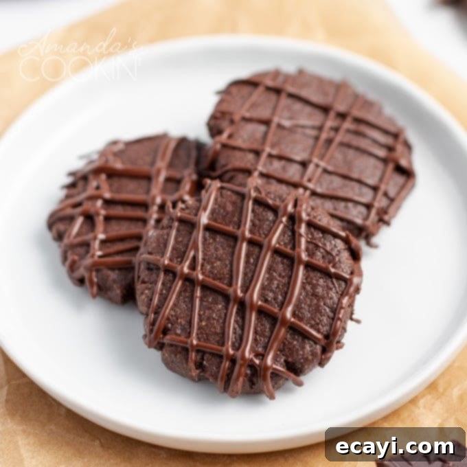 The Ultimate Christmas Cookie Collection: 12 Days 5 Chocolate mint cookies with a delicate white drizzle on a plate