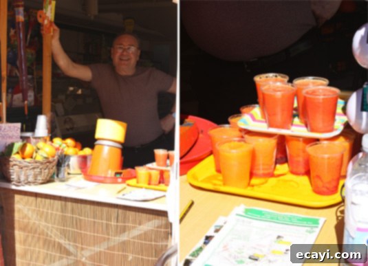 Left: The man who lovingly squeezes hundreds of oranges (with that small machine!) for our delicious pleasure;  Right: Blood orange or regular? Left: A dedicated vendor lovingly squeezing hundreds of oranges with a small machine for refreshing juice. Right: A choice between vibrant blood oranges and classic regular oranges.