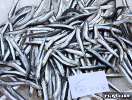Fresh sardines at La Pescheria, fish market in Catania, Sicily Piles of glistening fresh sardines displayed at La Pescheria fish market in Catania, Sicily
