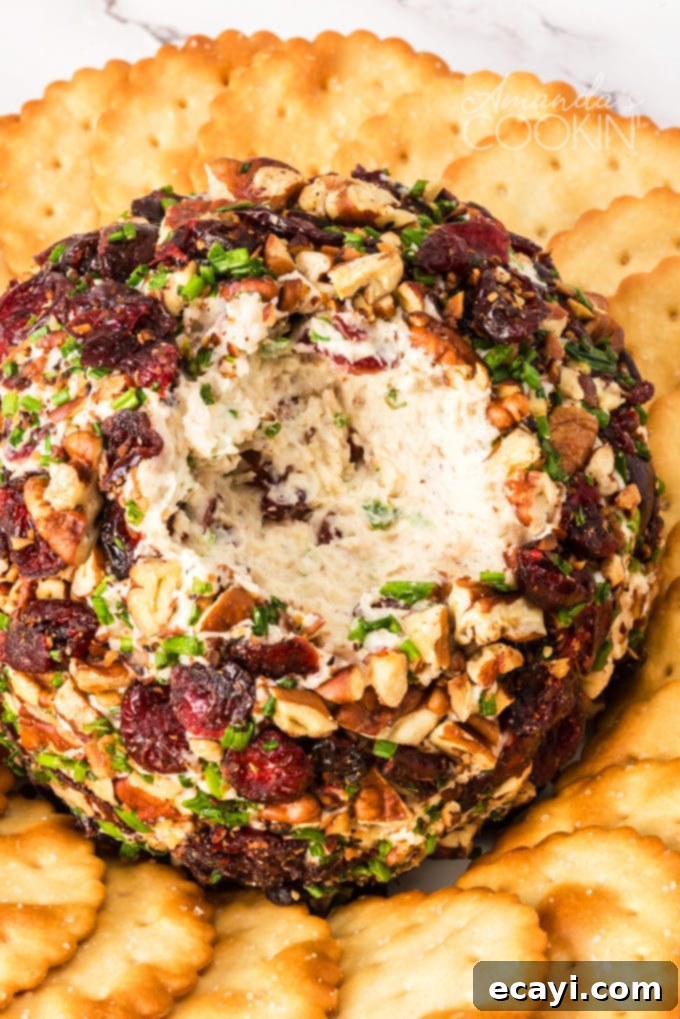 Easy Cranberry Cheese Ball: Creamy, Cheesy, and Festive for Holidays! A beautifully garnished cranberry cheese ball, ready to be served on a holiday table.