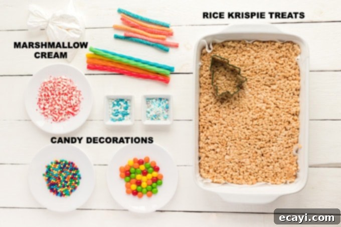 Make Christmas Tree Rice Krispie Treats with the kids. Rice Krispies, marshmallows, and candy decorations make adorable Christmas trees! ingredients for Christmas Tree Rice Krispie Treats