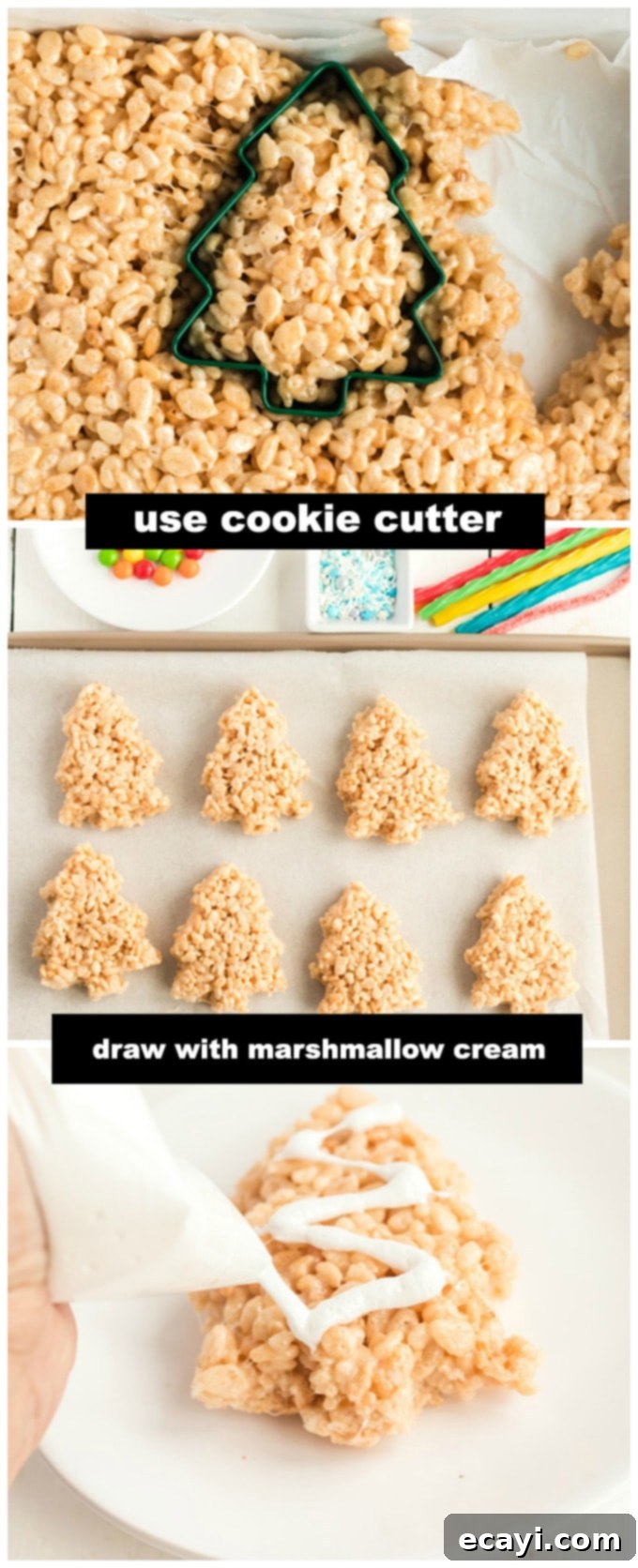 Make Christmas Tree Rice Krispie Treats with the kids. Rice Krispies, marshmallows, and candy decorations make adorable Christmas trees! cutting out christmas tree shapes from rice krispie treats
