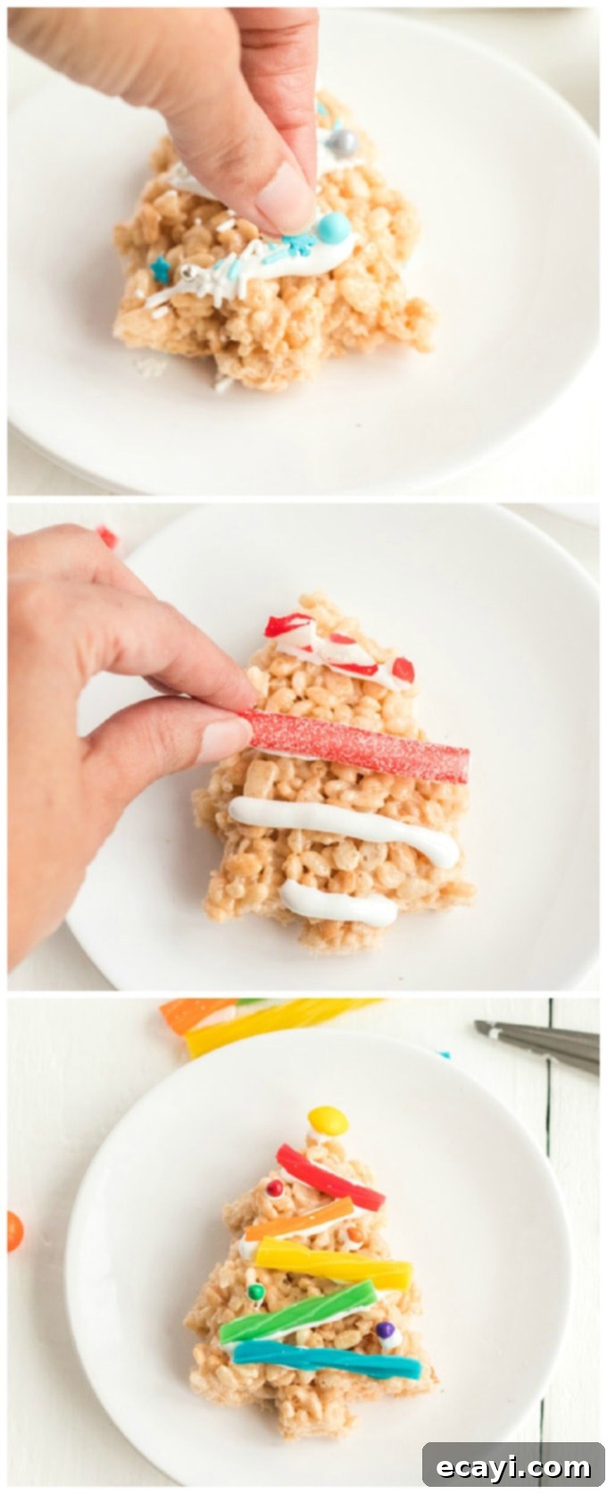 Make Christmas Tree Rice Krispie Treats with the kids. Rice Krispies, marshmallows, and candy decorations make adorable Christmas trees! adding candy decorations to Christmas Tree Rice Krispie Treats