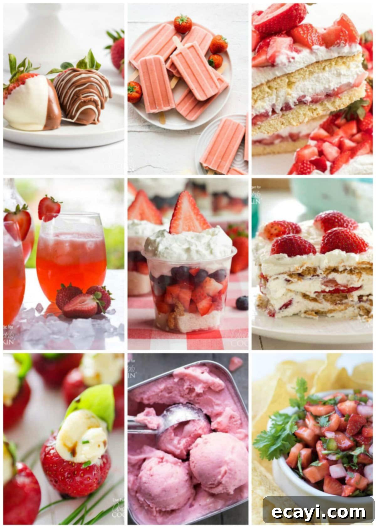 We have loads of different strawberry recipes to use up your bountiful harvest, from breakfast, desserts, drinks, and even appetizers! collage of 9 different strawberry recipes