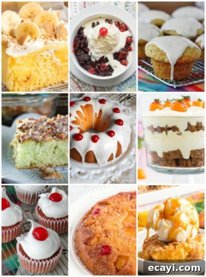 35+ Delicious Cake Mix Recipes 2 A collage of various delicious desserts made from cake mixes, including muffins, cobblers, poke cakes, and cupcakes.