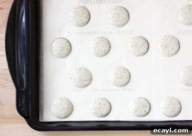 Bake Perfect French Macarons A Visual Masterclass 11 Vanilla bean macarons, piped and ready to be baked // FoodNouveau.com