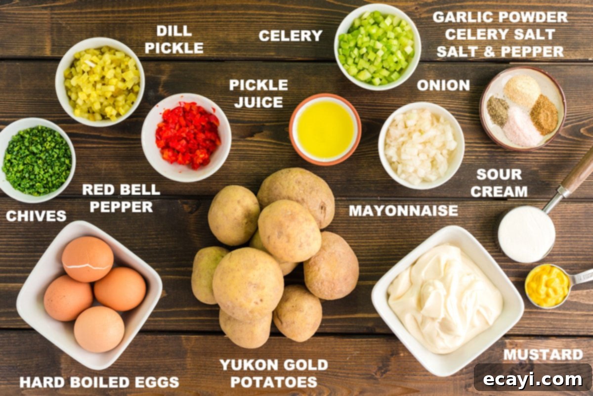 Mom's Classic Potato Salad 2 Ingredients for classic potato salad laid out, including potatoes, eggs, celery, pickles, onion, and dressing components.