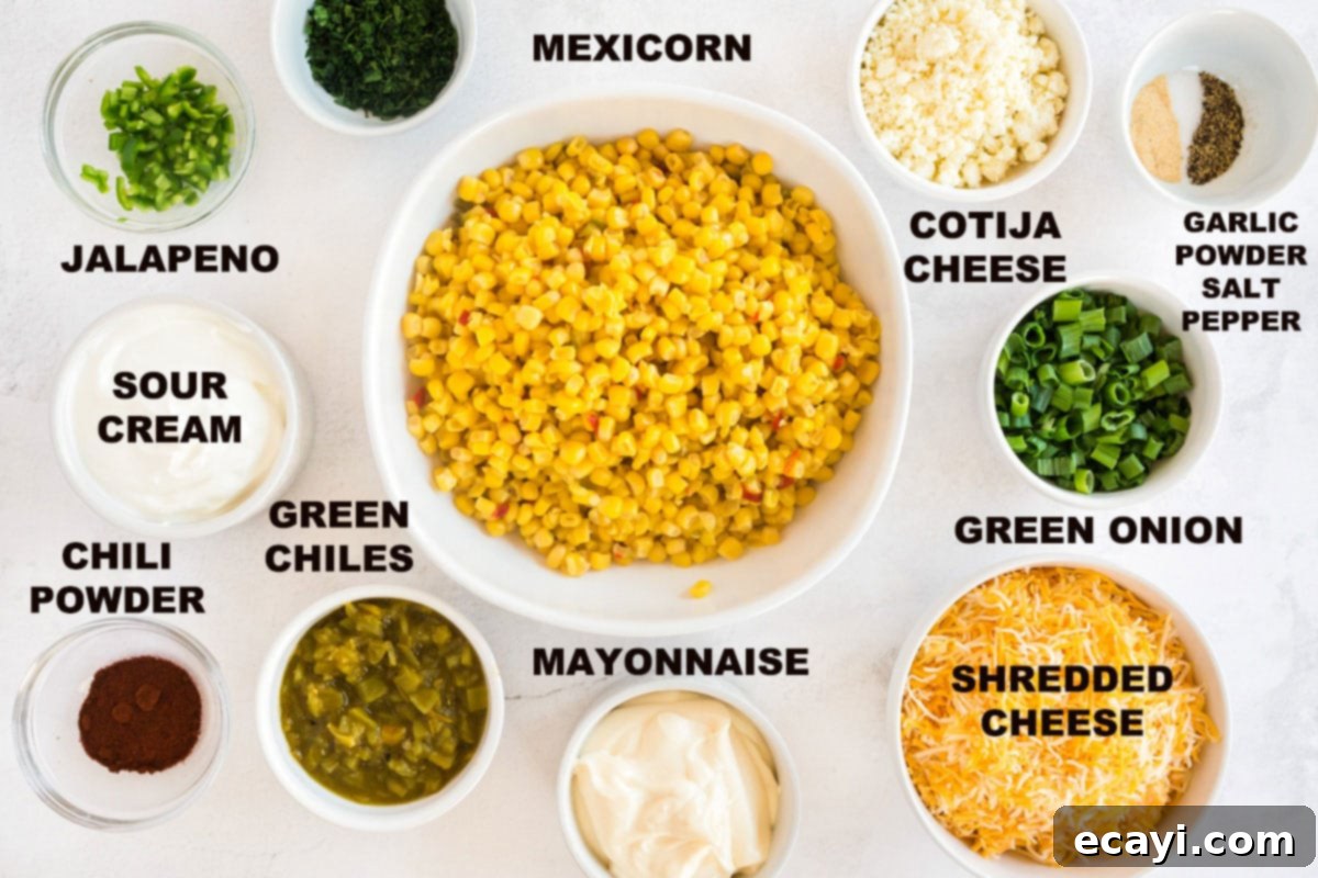 Fiesta Corn Dip 4 A flat lay photograph showcasing all the labeled ingredients needed for making corn dip