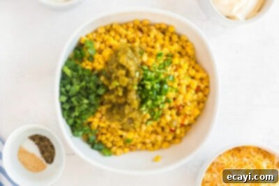 Fiesta Corn Dip 10 Bowl of corn with green chiles, jalapeno, and green onion added