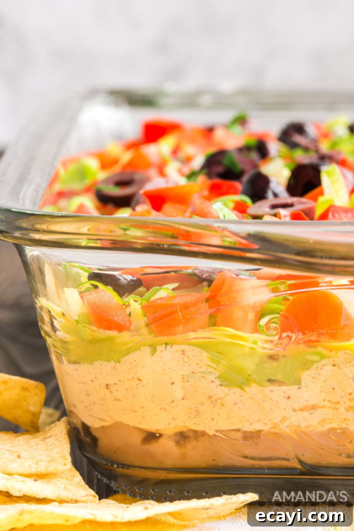 This family favorite taco dip recipe features creamy refried beans, zesty guacamole, a seasoned sour cream and cream cheese base, and a generous layer of fresh, crunchy toppings – ideal for any party. Side view of a glass pan filled with the layered taco dip, showing distinct layers of beans, cream cheese, guacamole, and toppings.