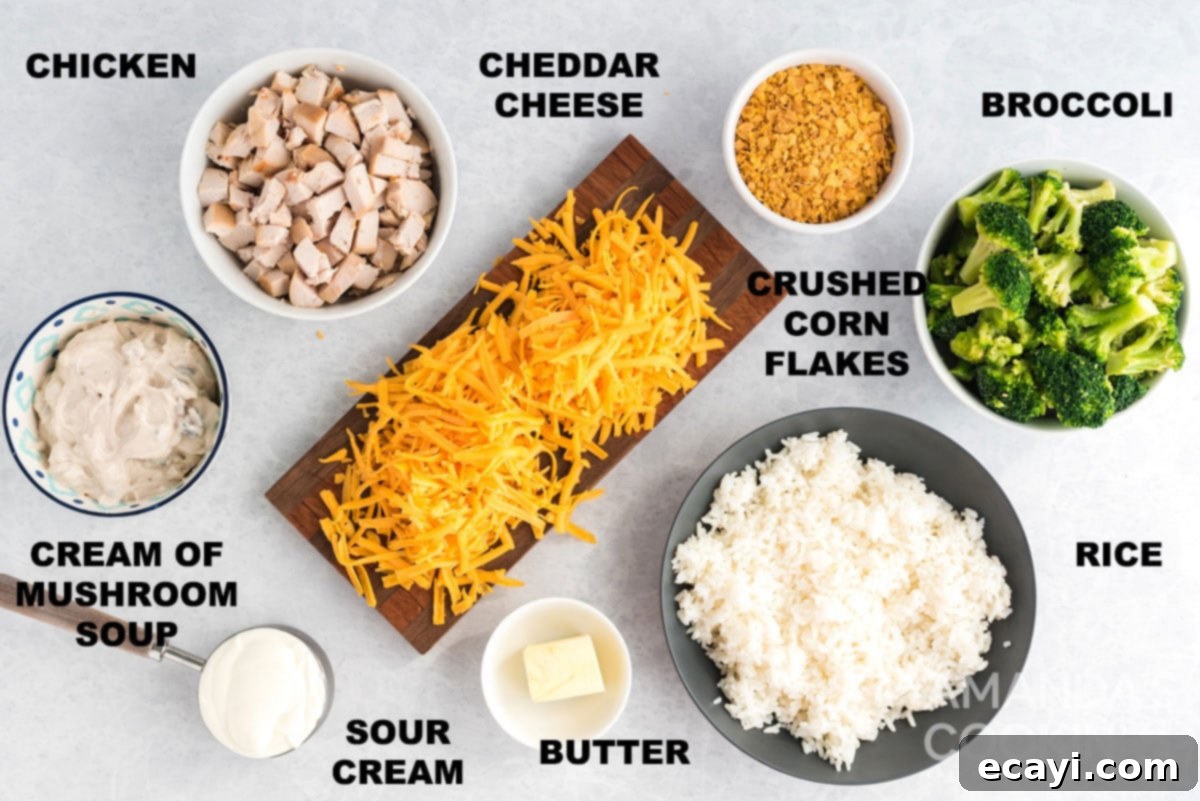Creamy Chicken and Broccoli Rice Casserole 2 Labeled ingredients for Chicken Broccoli Rice Casserole laid out