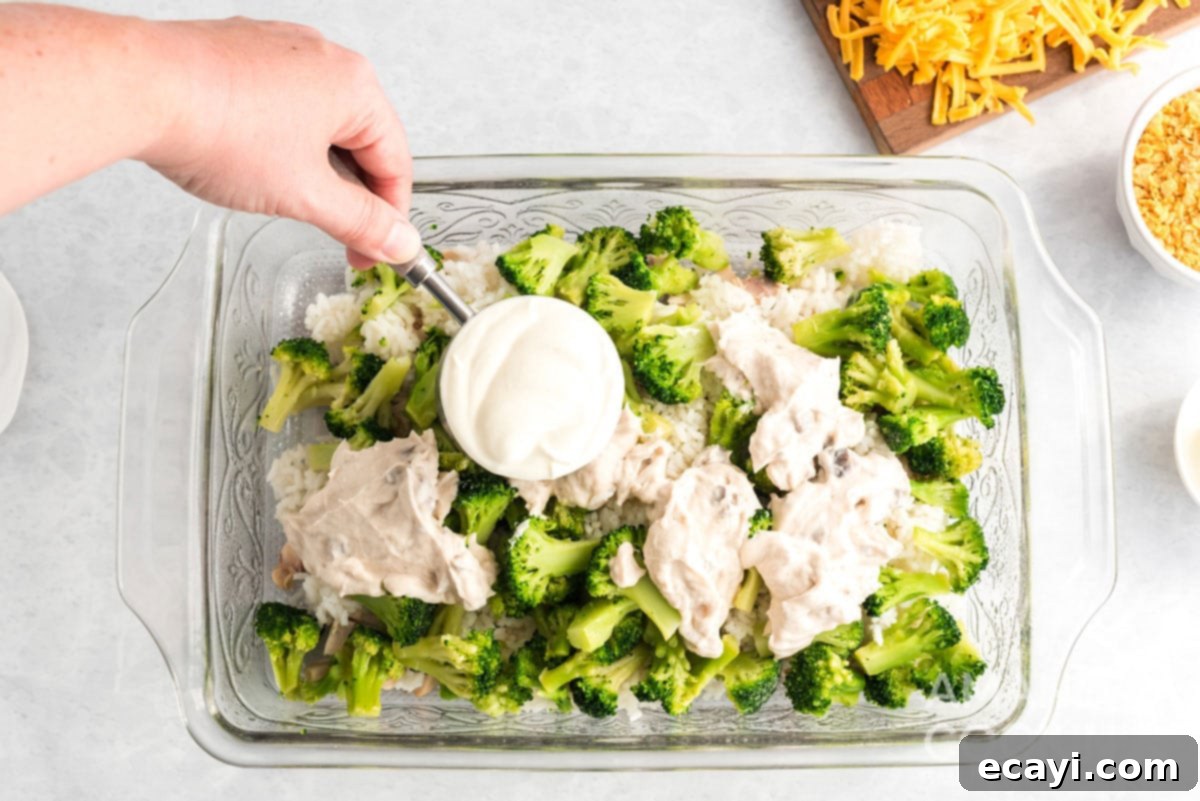 Creamy Chicken and Broccoli Rice Casserole 3 adding sour cream to pan with other ingredients for casserole