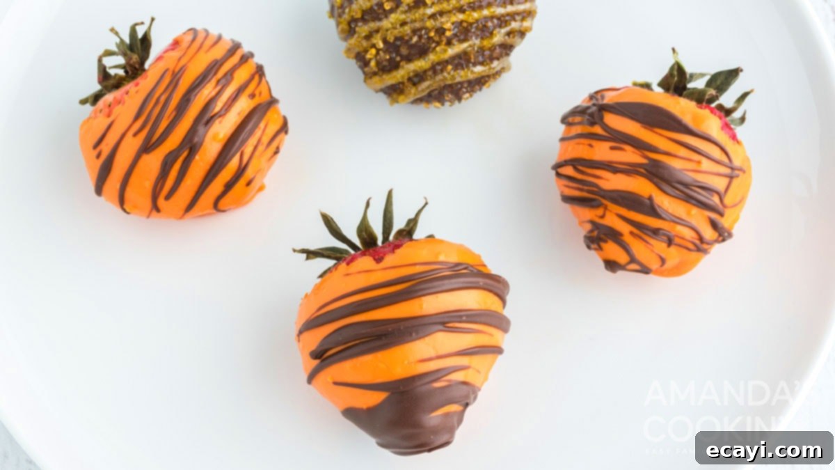Delicious fall chocolate covered strawberries for autumn bridal showers, Thanksgiving, or hostess gifts. Vibrant orange and brown chocolate covered strawberries, perfect for fall celebrations