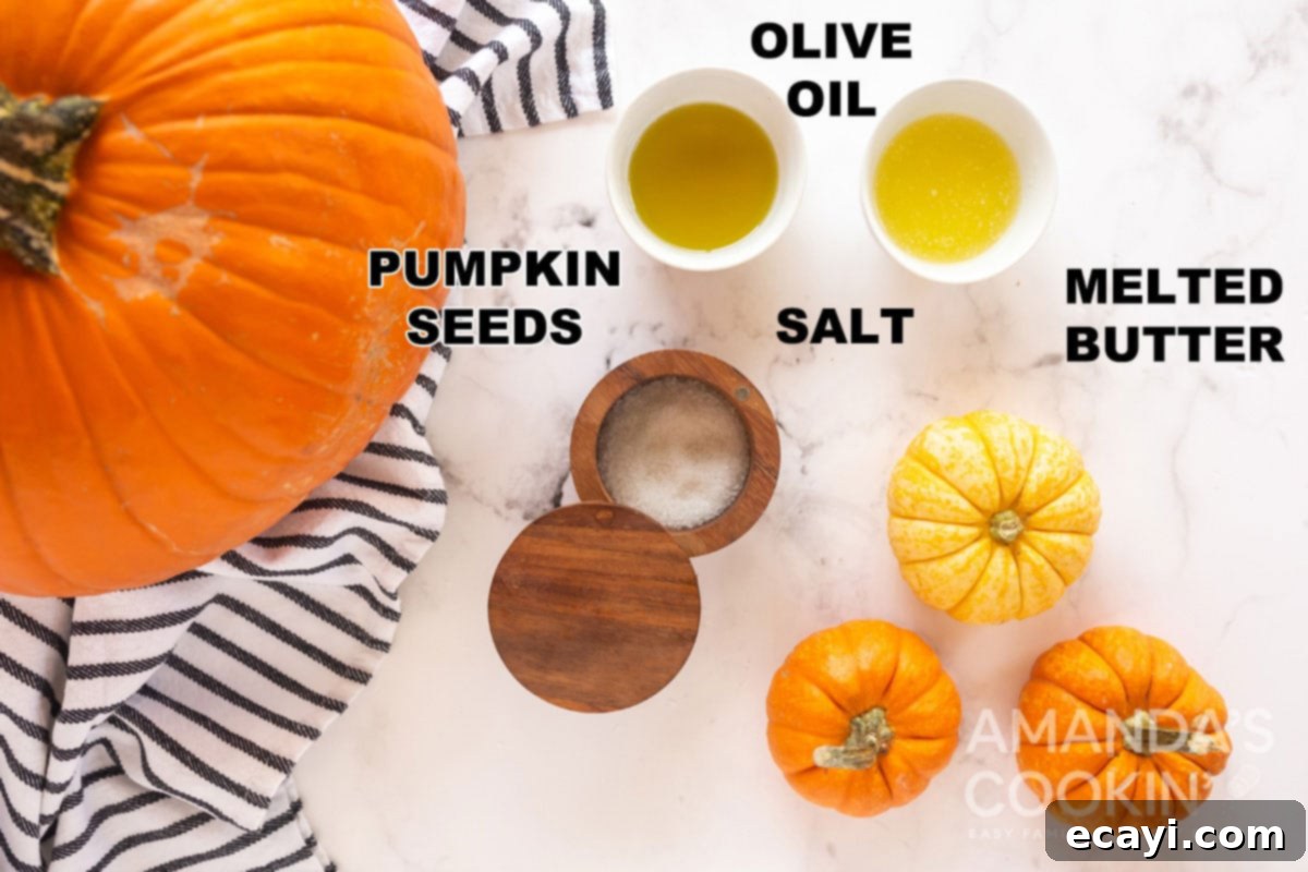 Crispy Roasted Pepita Snack 2 All the essential ingredients laid out and labeled for making roasted pumpkin seeds: pumpkin seeds, olive oil, melted butter, and salt.
