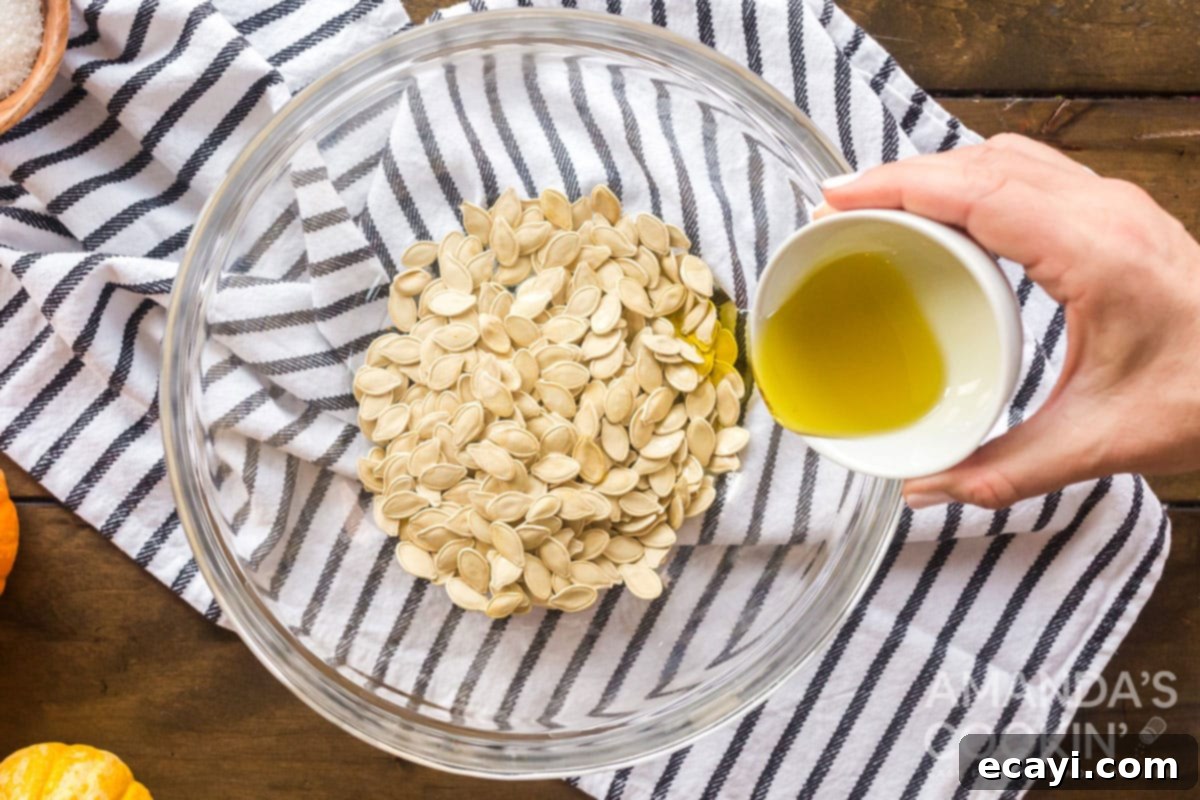 Adding olive oil to pumpkin seeds in a bowl A large bowl containing dried pumpkin seeds, with olive oil being drizzled over them for seasoning before roasting.