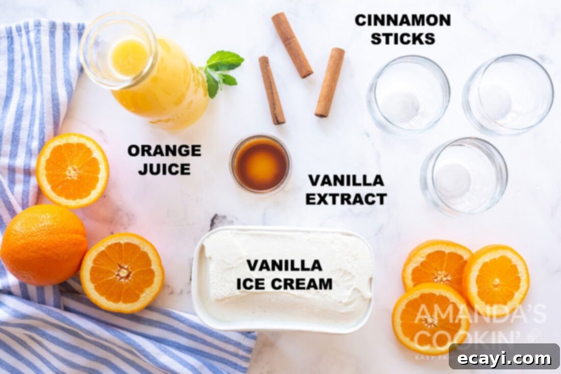 Velvet Orange Vanilla Punch 2 Labeled ingredients for vanilla orange punch including orange juice, cinnamon sticks, vanilla extract, and vanilla ice cream on a rustic surface