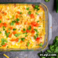 Fiesta Chicken Bake 8 Close-up of a serving of warm Mexican Chicken Casserole from the recipe card