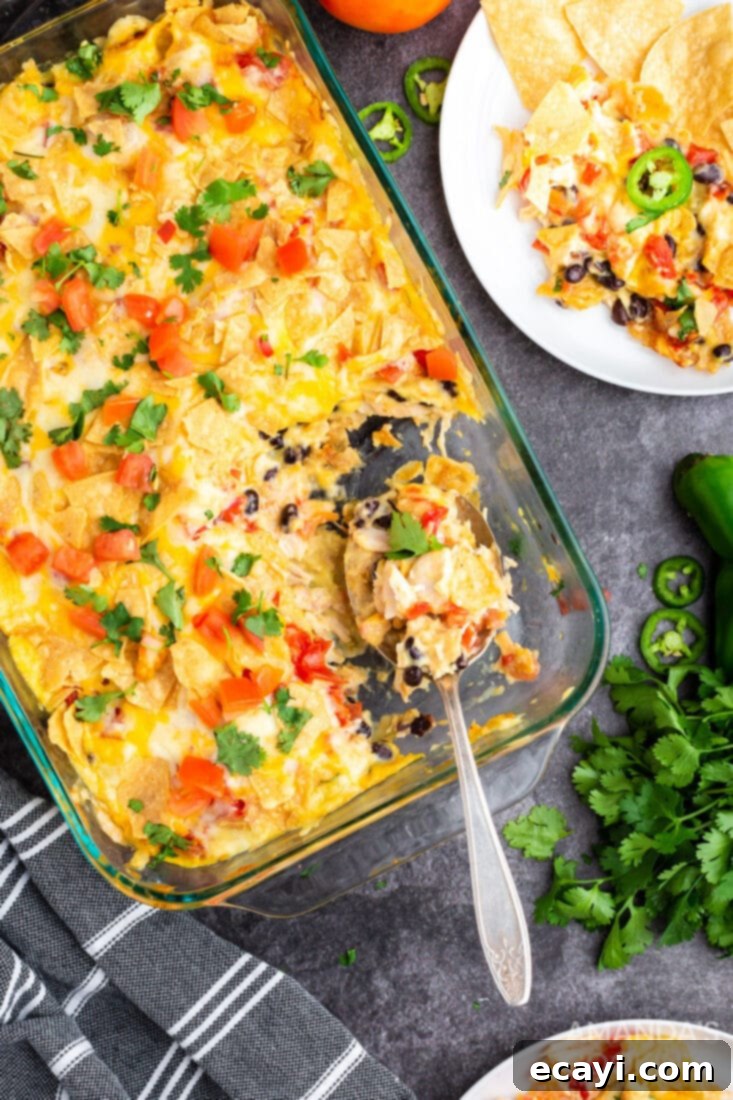 Overhead view of a delicious Mexican Chicken Casserole, perfect for dinner Overhead photo of the complete Mexican Chicken Casserole, baked to perfection